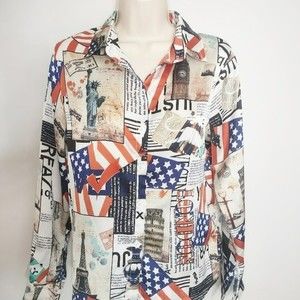 Art to Wear Newpaper Print USA England London Collage Print Button Up Top